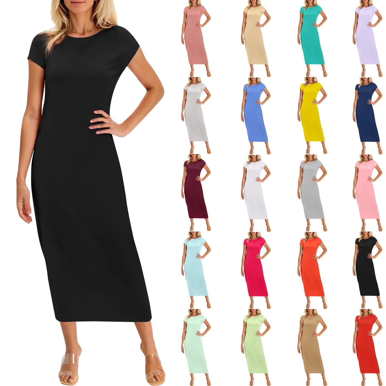 Women's Fashion Casual long dress Summer Dresses Solid Color Round Neck Short Sleeve Classic Dress Available in multiple colors image 1