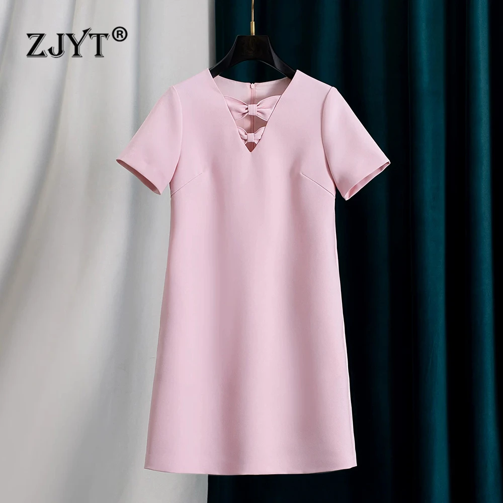 ZJYT Runway 2026 Fashion Spring Summer Dresses for Women Short Sleeve Pink White Casual Sweet Party Dress Elegant Vestidos Robes image 1