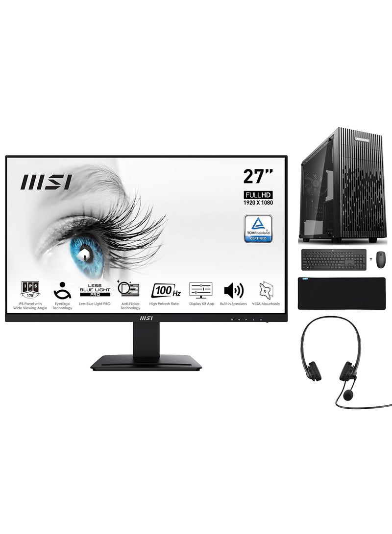 27 inch FHD Office Monitor IPS + NANOTECH Office Desktop PC + Intel Core i5-14400, DDR5 32GB Ram, 2TB NVMe M.2 SSD, GT730 2GB Graphics Card, Air Cooler, Windows 11 Pro, Wi-Fi + Wireless Keyboard & Mouse + USB Headset + Mousepad Black image 1