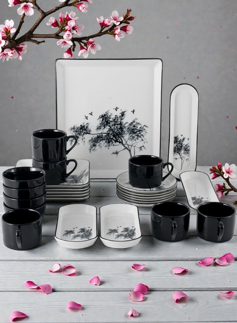 27 piece Porcelain Dinnerware Set, Set for 6, Microwave & Dishwasher Safe, Black Floral