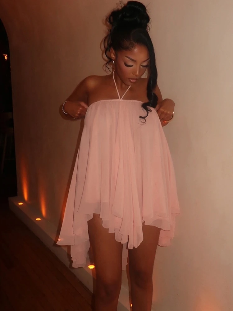 Weird Puss Halter Loose Dress Women Y2K Summer Sleeveless Backless Tiered Lrregular Hem Beach Vacation Sexy Trend Party Bodycon image 1