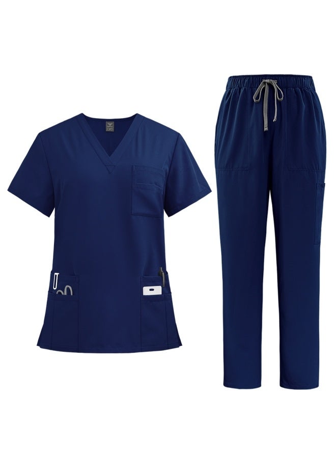 Womens Men Medical Scrubs Set Unisex Scrub Top and Scrub Pant Set Medical Uniform Scrubs Medical Uniform Set (Navy Blue) image 1