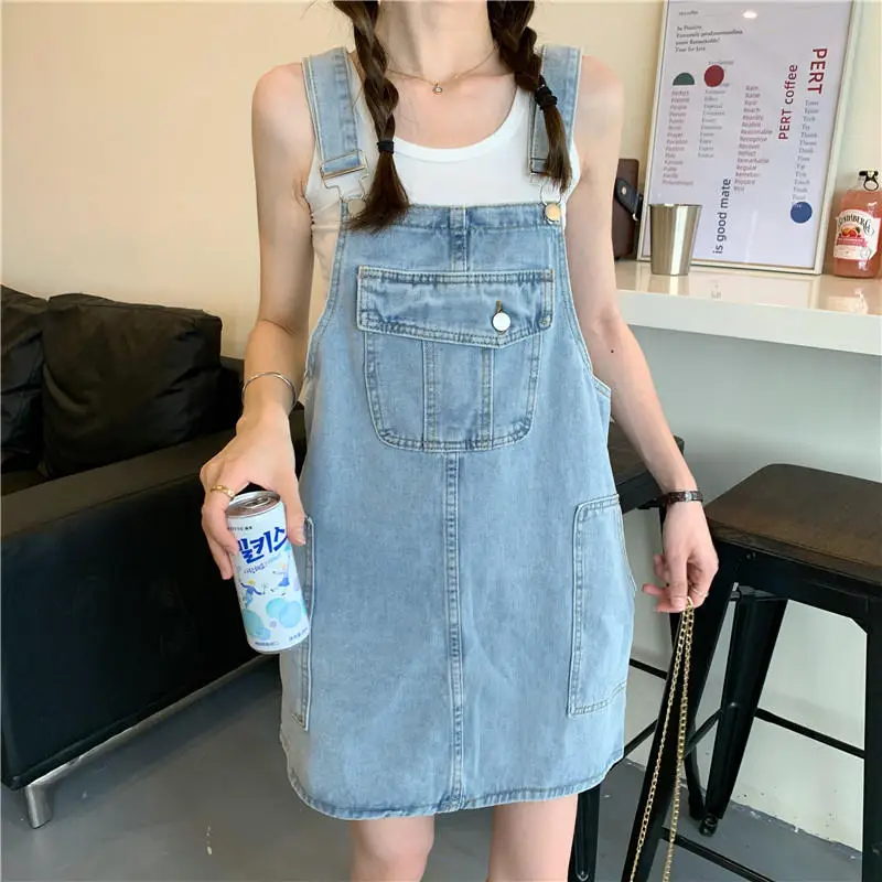 Oversize Women Denim Suspender Strap Dresses Summer Sleeveless Loose Casual Short Dress Female Versatile Sundress