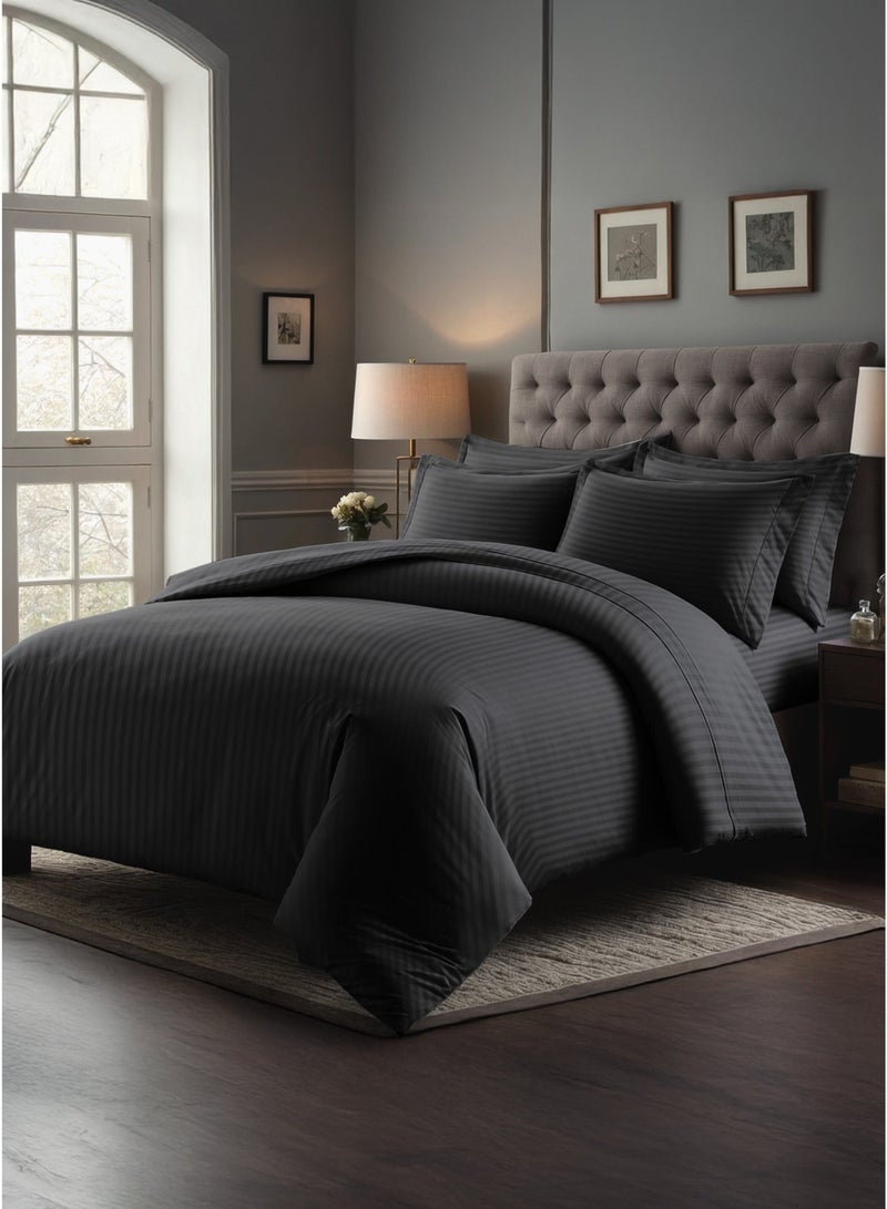 Premium Striped Duvet Cover Set 6-Piece – Fits Queen Beds | Duvet Cover 220x230 cm & Fitted Sheet 200x180 cm | Ultra-Soft, Wrinkle-Resistant | Black |