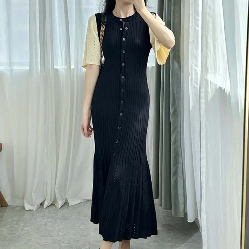 Summer-style fashionable openwork French slimming A-line short-sleeved knitted dress, fishtail long dress for women image 1