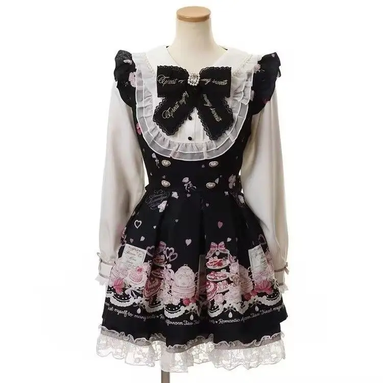 Japanese Style Lolita 2 Piece Set Y2k Mini Skirt Woman Harajuku Sweet Kawaii Print Dress Tops Korean Fashion Elegant Dress