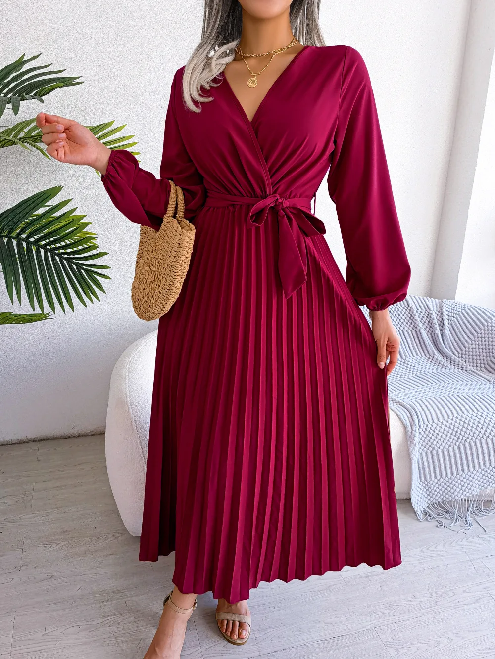 Women Elegant V Neck Long Sleeve Pleated Maxi Dress image 1