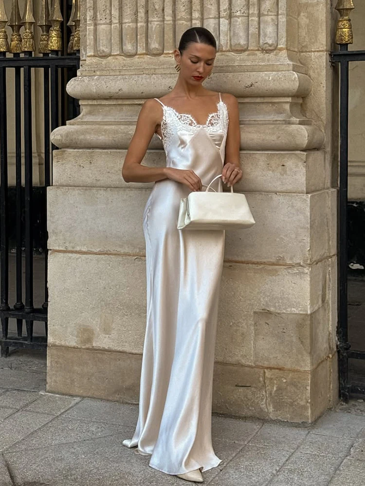 Women Sexy V-neck Satin Sling Maxi Dresses Chic White Lace Patchwork Sleeveless Backless Slim Gowns Summer Evening Party Dress image 1