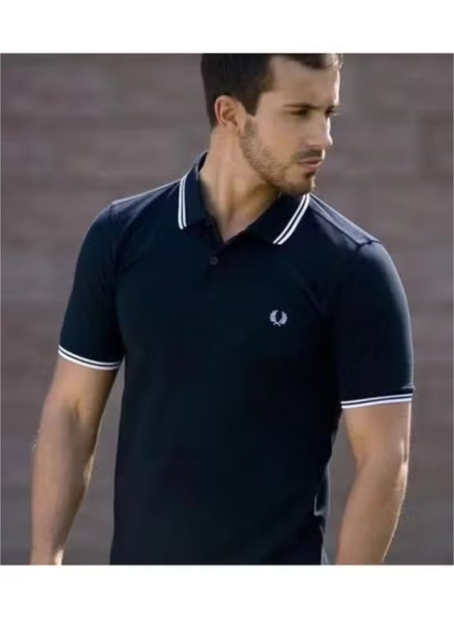 FRED PERRY Men's Classic Fit Twin-Tipped Polo Shirt | 100% Cotton, Embroidered Logo, Machine Washable | Dark Blue/White & White Tipping image 1