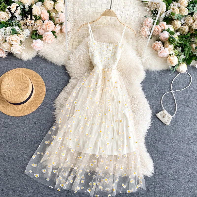 YuooMuoo Korean Fashion Daisy Flower Print Mesh Party Dress Summer Two Layers Spaghetti Strap Vacation Midi Dress Beach Vestidos image 1