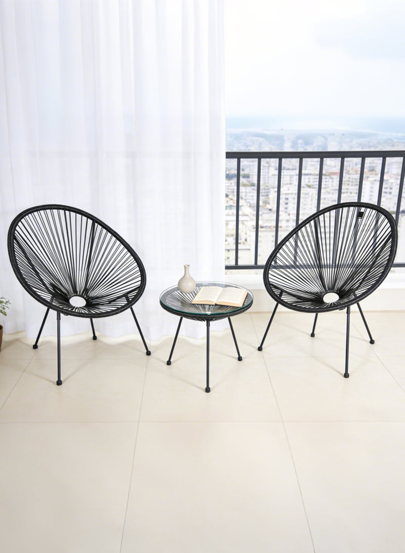 3 Piece Metal Outdoor Patio Set, includes 2 Eggs Rattan Chairs and 1 Table with Temper Glass Top, perfect for Outdoor and balcony, Black