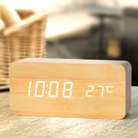 Wooden Digital Alarm Clock, LED Alarm Clock with Temperature Desk Clocks for Office,Bedside Clock image 1