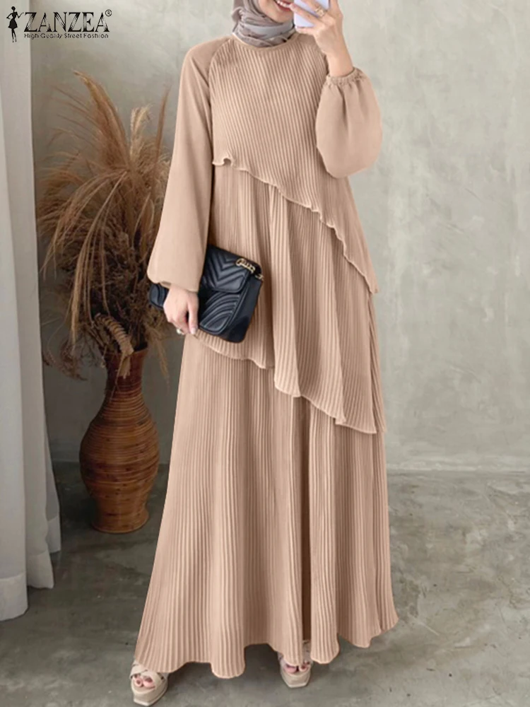 ZANZEA Patchwork Lantern Sleeve Abaya Robes Women Plisse Layered Elegant Maxi Dress Muslim Fashion Islamic Hijab Pleated Dress image 1