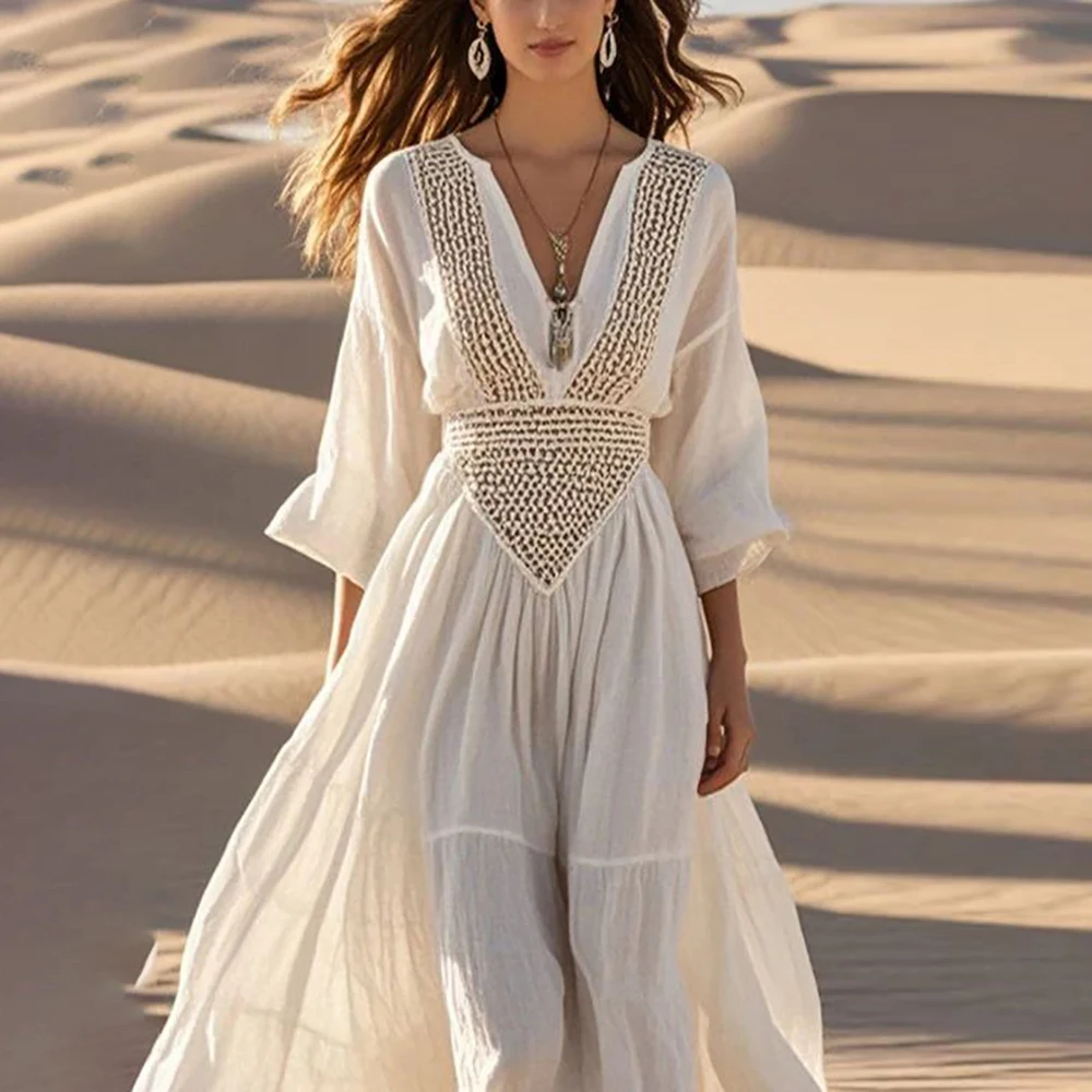 Bohemian Hollow Out Sexy Women's Dress Deep V-Neck High Waist 3/4 Sleeve Summer Autumn Dress A-Line Vintage Beach Maxi Dresses