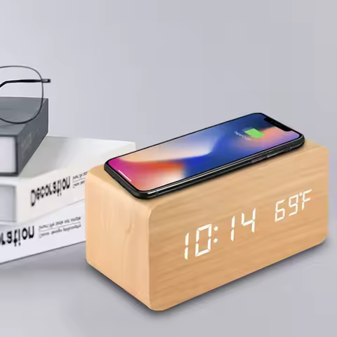 Wooden Digital Alarm Clock with Wireless Charging, LED Clock with Time, Date,Temperature, Desk Clocks for Office,Bedside Clock image 1
