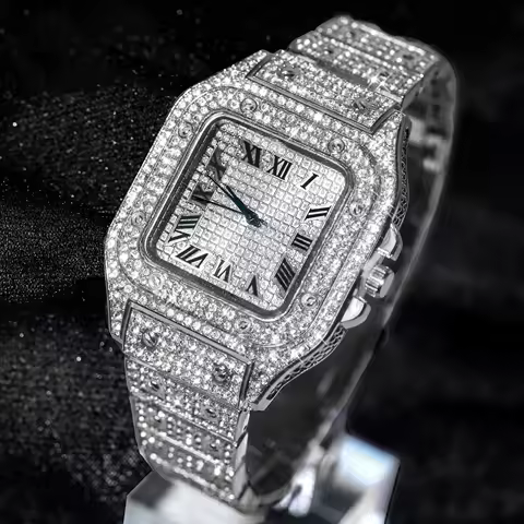 Brand Luxury Men's Watches Stylish Alloy Strap Hip Hop Diamond Gold Date Quartz Watch Montre Homme image 1