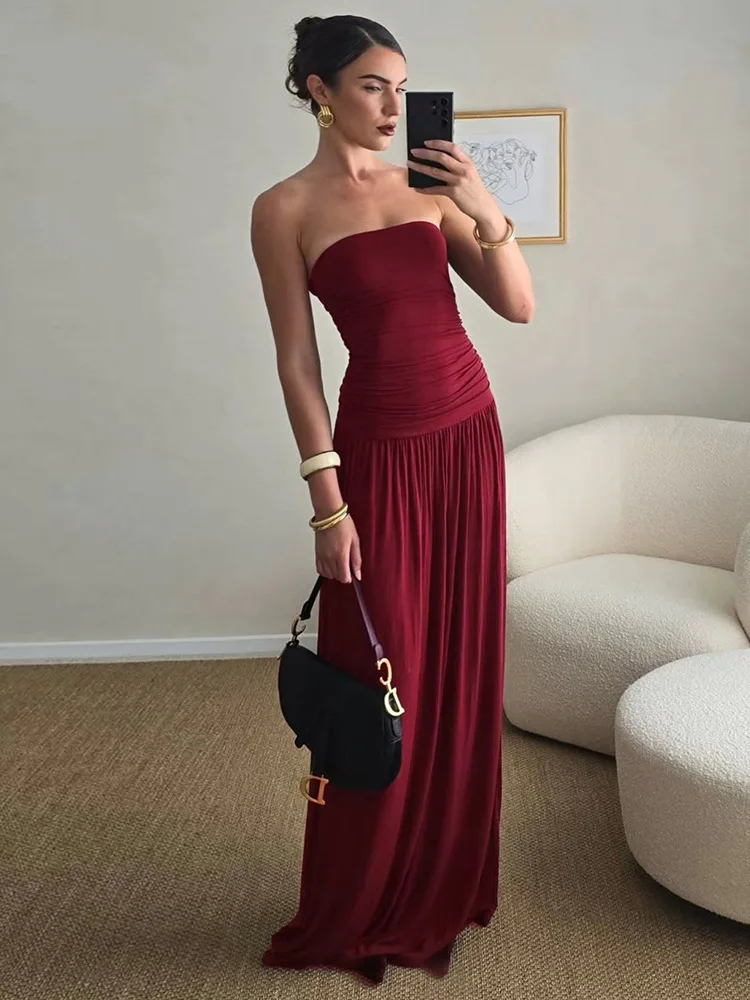 Mozision Off-shoulder Strapless Pleated Sexy Maxi Dress Women Fashion Backless Sleeveless High Waist Ruched Long Dress Elegant