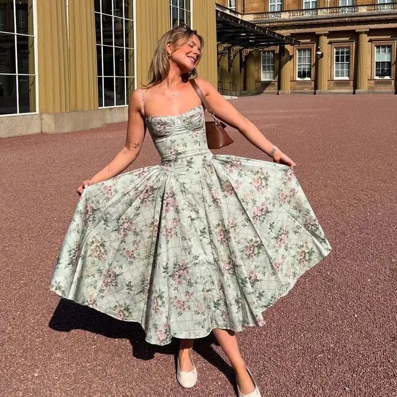 YENKYE Green Floral Print Sexy Spaghetti Straps Dress Women Low Waist A-line Midi Holiday Summer Dresses Party Robe 2025 Vestido image 1