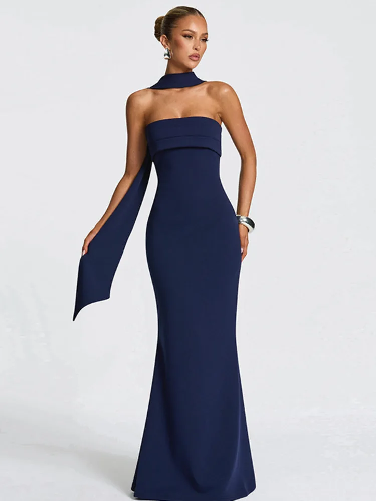 Mozision Off-shoulder Strapless Sexy Maxi Dress Women Gown Scarf Collar Sleeveless Backless Bodycon Club Party Evening Dresses