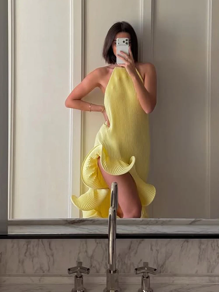 Women Romantic Yellow Halter Maxi Dress Ribbed Knit Ruffled High-slit Slim-fit Vestido 2026 Lady New Spring Trendy Fashion Robes image 1