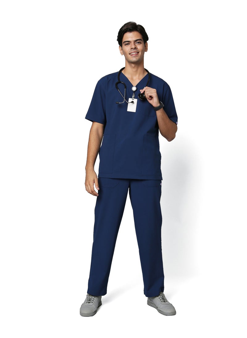 KNYA Ecoflex Men's 5 Pocket Active Scrub Suit | Athleisure wear | Modern V neck | For Doctors (NAVY BLUE) image 1