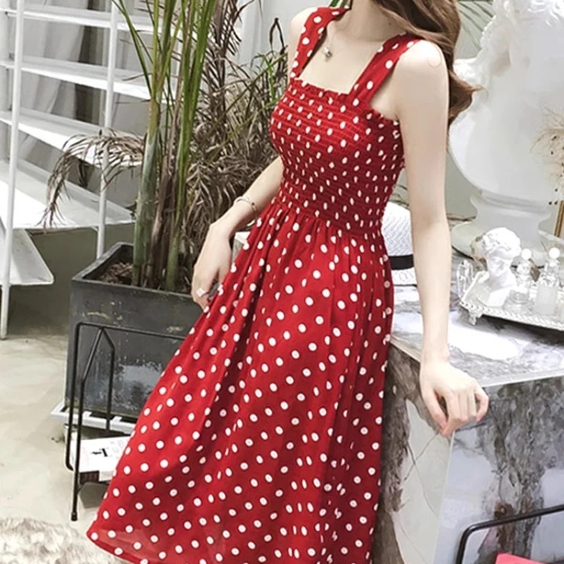 Women Summer Sleeveless Dot Dress Sexy Backless A-Line Spaghetti Strap Beach Style Dresses Camisole Off-Shoulder Folds Vestidos image 1
