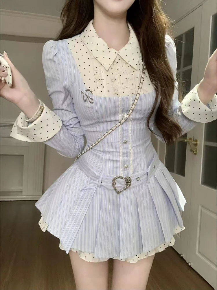 Autumn New Preppy Style Sweet Elegant Women Dresses Striped Polka Dot Polo Collar Party Dress Y2k Fashion Korean Popular Clothes