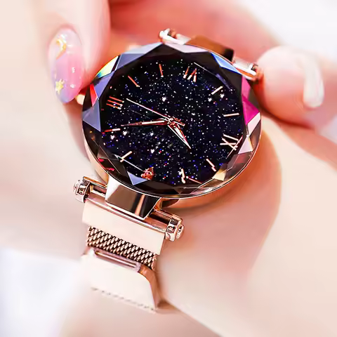 Womens Fashion Starry Sky Watches Magnet Buckle Mesh Belt Diamond Quartz Watch Women Dress Clock image 1