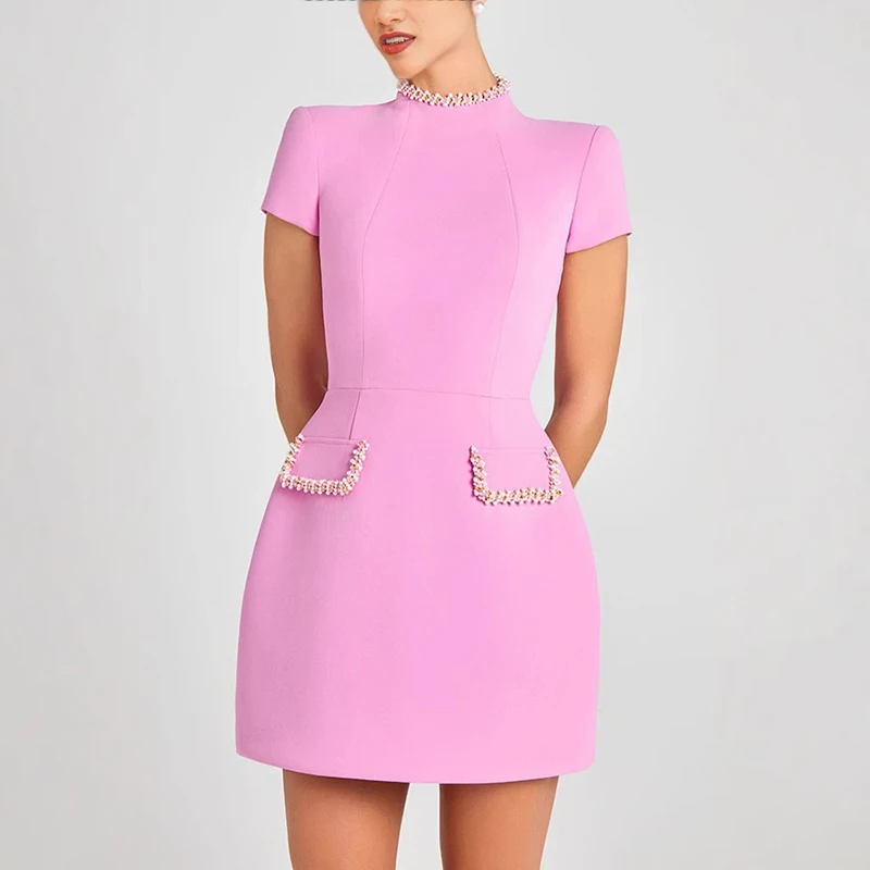 Tornova Elegant Beaded Short Sleeve Dress Female High Waisy Solid Splice Mini Dress Commuting Party Outfits Bodycon Chic Female image 1