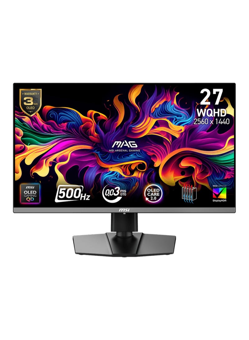 MAG 272QP QD-OLED X50 27" WQHD Gaming Monitor, 2560×1440, 500Hz, 0.03ms GtG, QD-OLED Panel, DisplayHDR True Black 500, AMD FreeSync Premium Pro, HDMI 2.1, DisplayPort 1.4, USB-C 15W PD, OLED Care 2.0 | 9S6-3CD79A-032 image 1