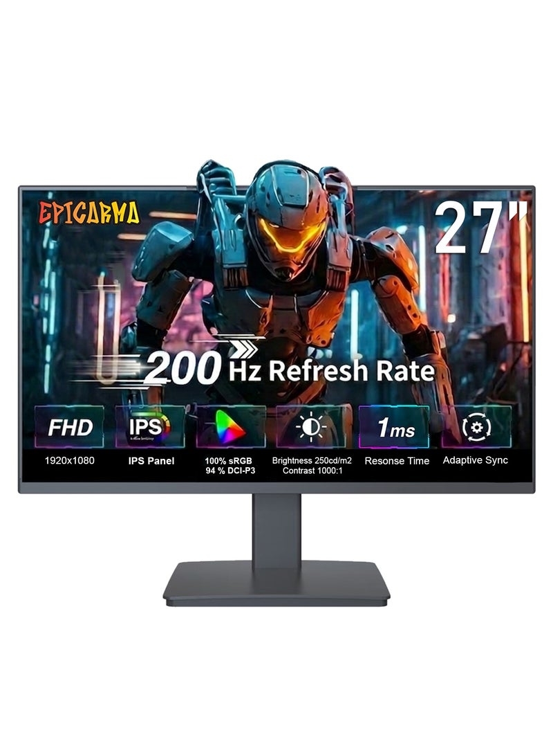27 Inch 200Hz Gaming Monitor FHD 1920x1080 IPS Display 1ms Ultra-Fast Response | Frameless Gaming Screen | HDMI & DisplayPort | Eye Care Technology | PC & Console Compatible image 1