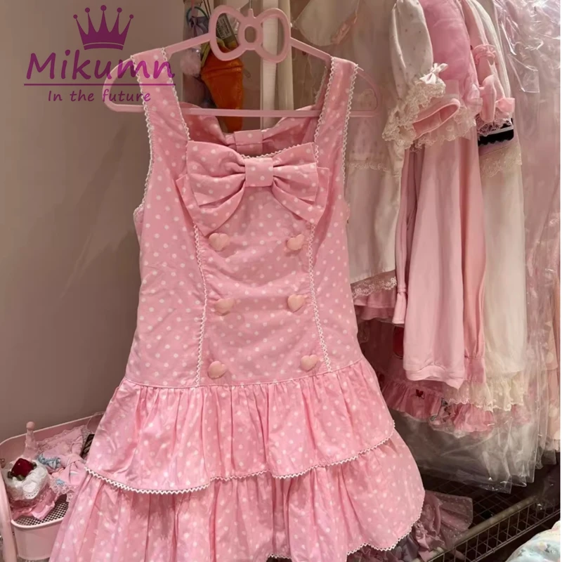 Mikumn Japanese Kawaii Lolita Style Strap Dress Harajuku Sweet Pink Bow Polka Print Mini Dress Women Girls Y2k Party Mini Dress