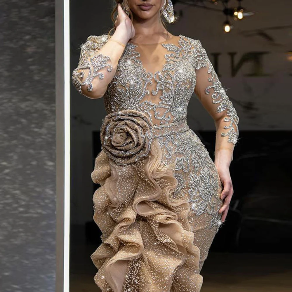 Women Elegant Luxurious Gold Sequins Evening Dress Sheer Sleeve Round Neck Ruffle Irregular Sexy High Split Wedding Maxi Dresses image 1