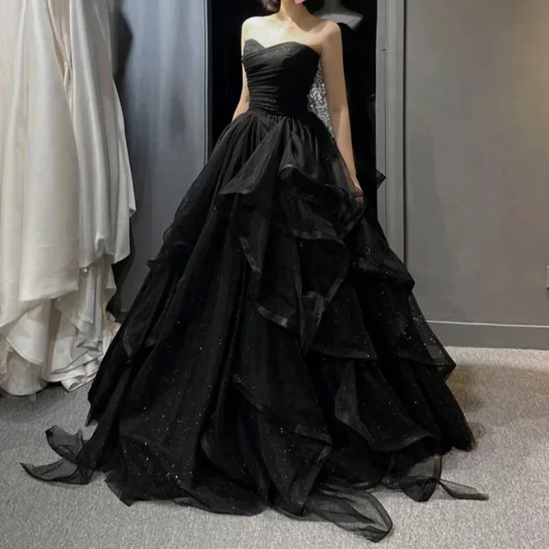 Wedding Shooting Temperament Black Elegant Wedding Party Dresses Strapless Tiered Draped Prom Robe Ball Gown Formal Dress Women image 1