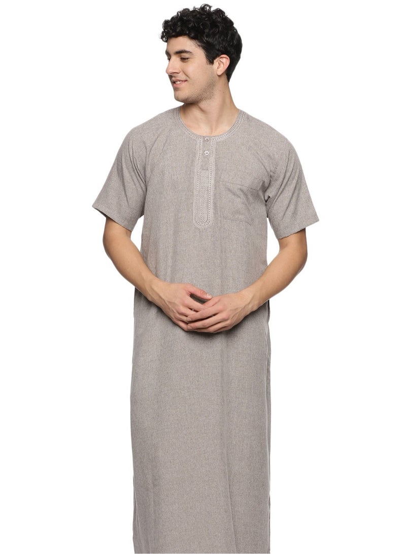 Men's Round Neck Short Sleeves Jalabiya for Men - Men's Short Sleeve Robe/Thobe - Beige image 1