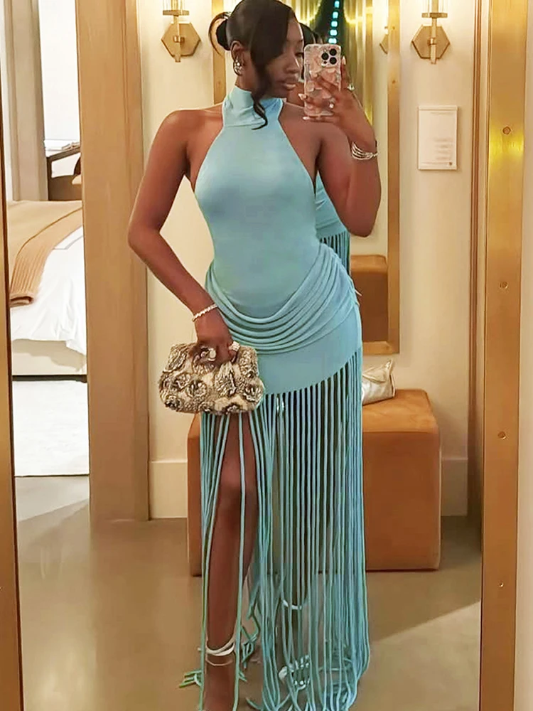 Weird Puss Halter Turtleneck Dress Women Velvet Ruched Patchwork Tassel Hem Elegant Sexy Backless Valentine's Day Party Bodycon image 1