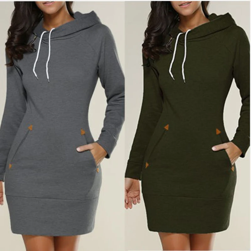 Womens Knee-Length Pockets Dress Hooded Warm Sweat Shirt Long Sleeve Side Zip Neckline Simple Casual Sports Skirt image 1
