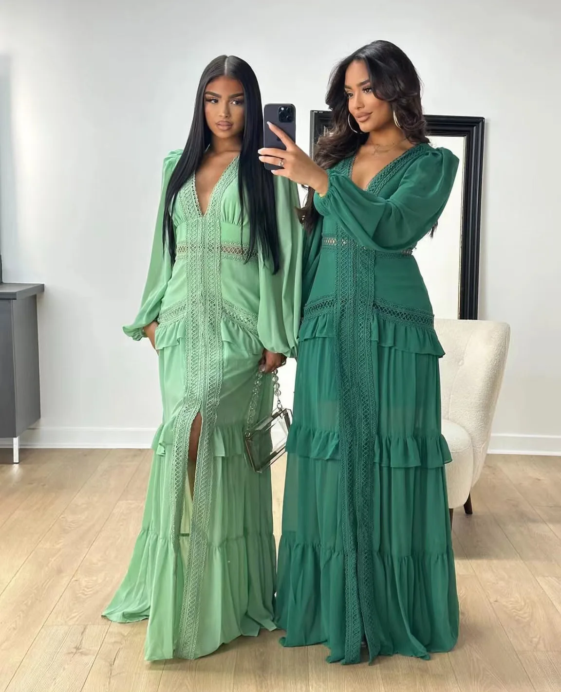 Elegant Womens Maxi Dress Ruffles Long Sleeve Hollow Out Evening Dresses Party Chic Robe Green Blue Purple New In Holiday Summer