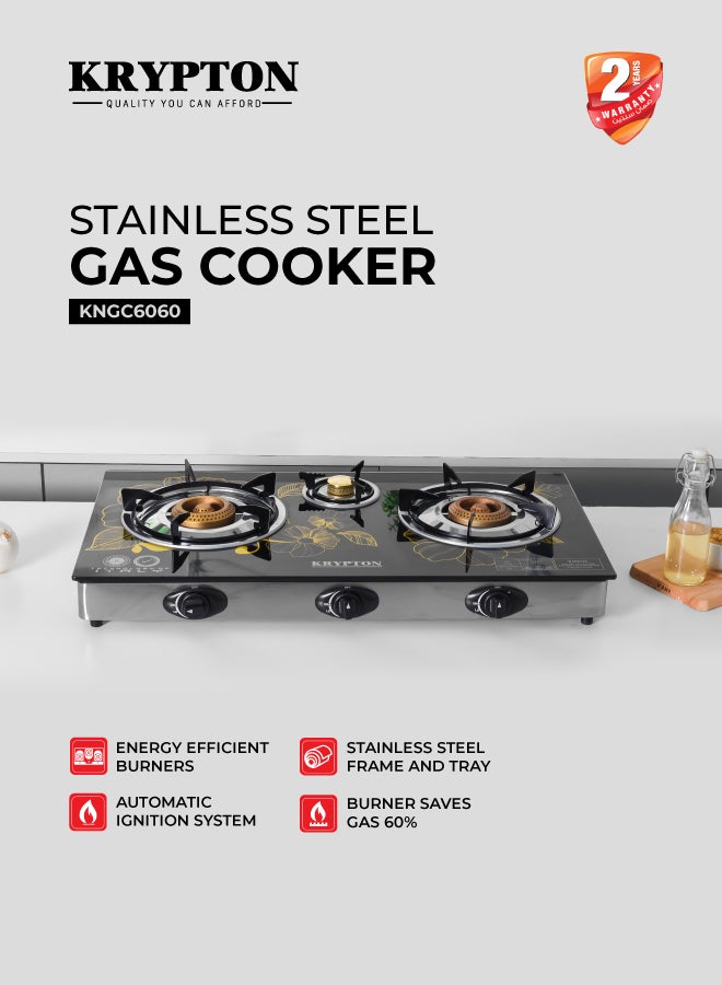 Triple Burner Gas Stove with 7mm Tempered Glass Top, Cast Iron Burners, Brass Caps, Auto Ignition, Stainless Steel Frame, Easy Clean Tray – Heavy Duty