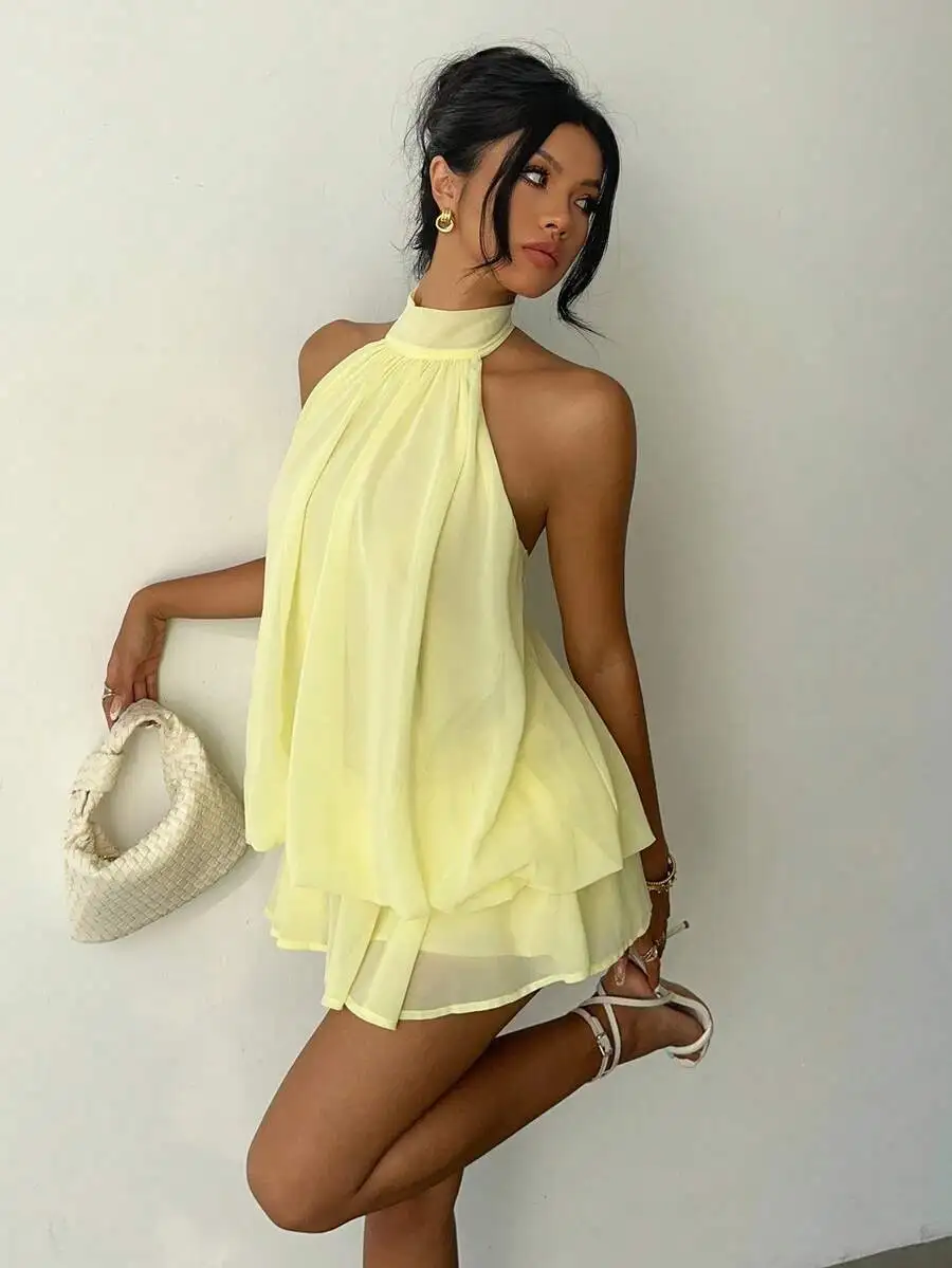 Women's Chiffon Elegant Butter Yellow Halter Tie Mini Dress image 1