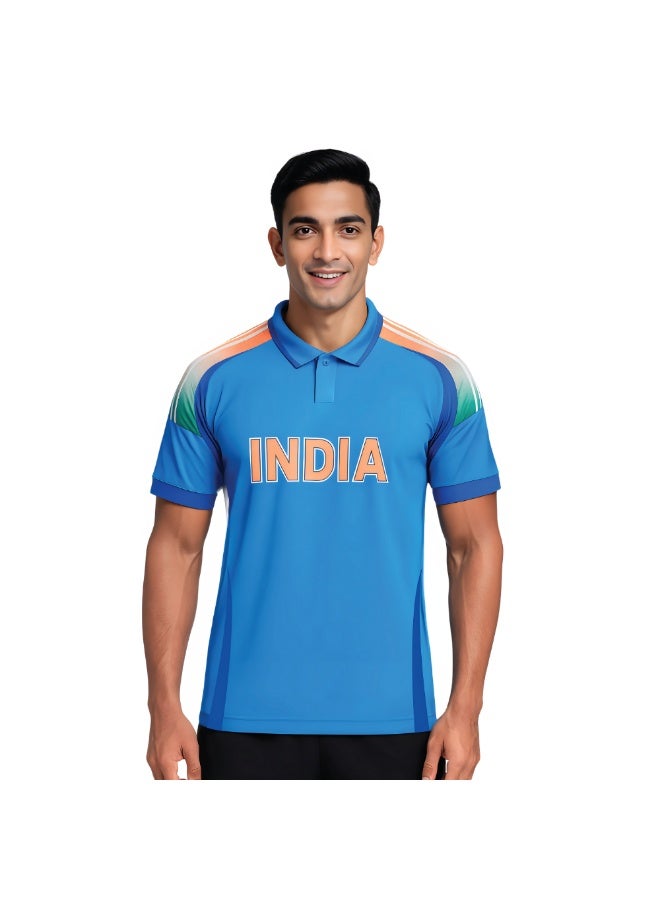 India Sports Men’s T-Shirt – Blue Dry-Fit Cricket Jersey With Short Sleeves And Collared Neck – Ideal Sportswear For Cricket Practice,Team Activities And Daily Wear image 1