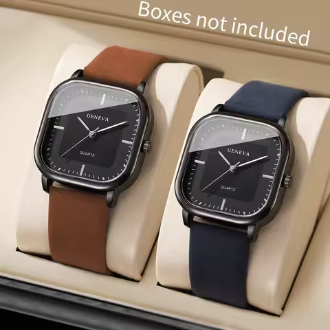 2PCS/Set Men Fashion Leather Strap Wristwatches Man Business Square Simple Dial Quartz Watch Reloj Hombre (Without Box) image 1
