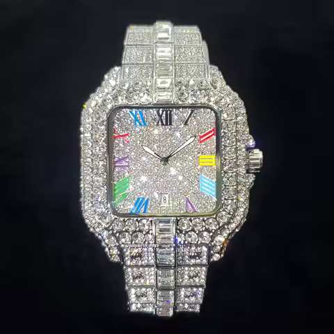 2025 New Luxury Diamond Watch Men Fashion Iced Out Square Colorful Number Watches Hip Hop Bling Jewelry Reloj Hombre for Party image 1
