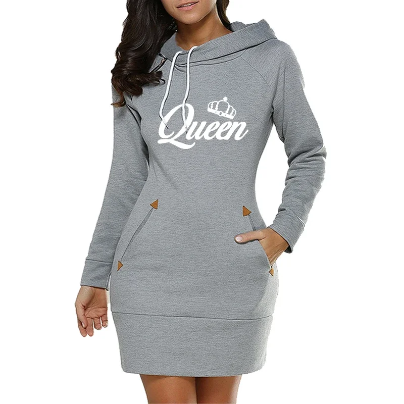 Queen Womens Dress Printing Fashion Knee-Length Hooded Frock Side Zip Neckline Sports 2024 Autumn Warm Fleece Daily Casual Skirt