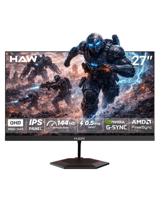 HAW Q27IPY 27-Inch QHD Gaming Monitor, 2560×1440 IPS Display, 144Hz Refresh Rate, 0.5ms MPRT, HDMI 2.1 Supported, FreeSync & G-Sync Compatible, Built-in Speakers, Flat Screen, PC & Console Ready – Black image 1