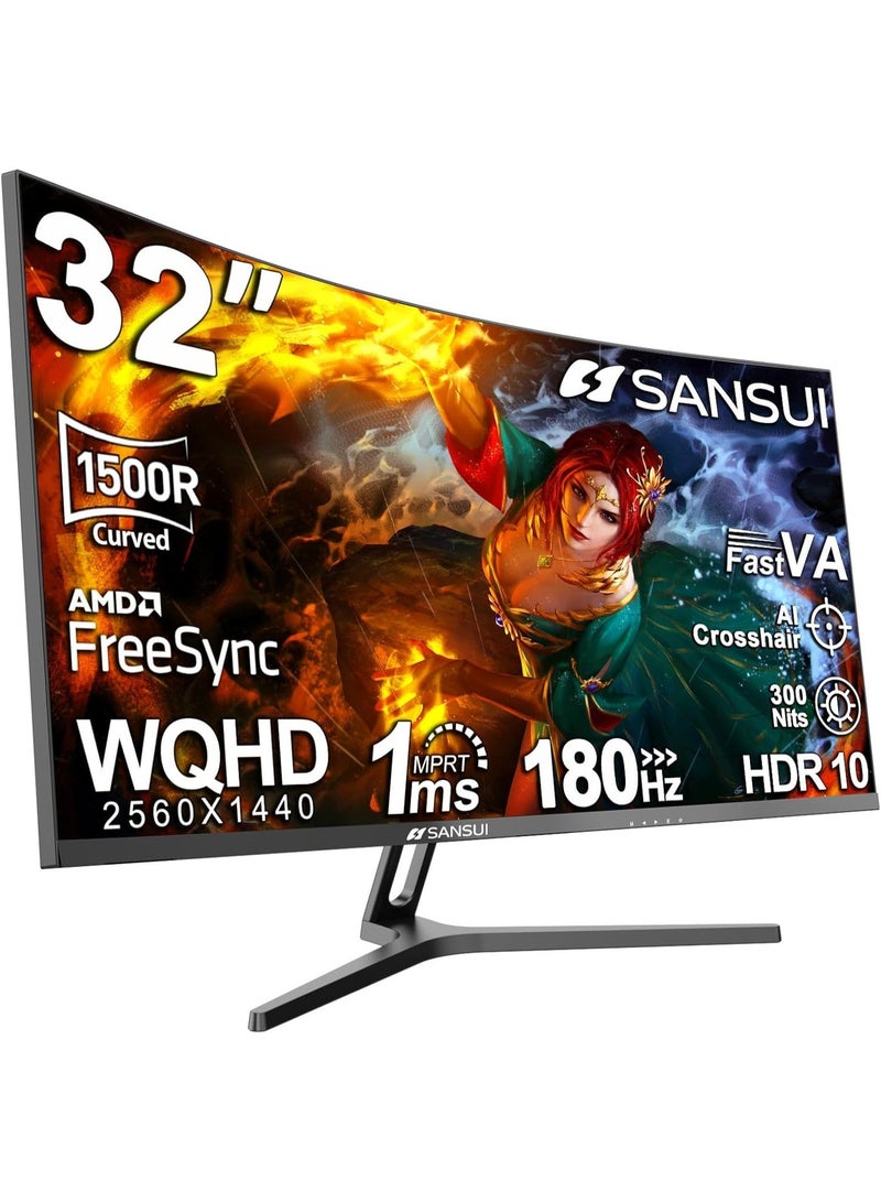 SANSUI 32-Inch 2K WQHD Curved Gaming Monitor, 180Hz, 0.5ms, HDMI 2.1, ES-G32C1Q image 1