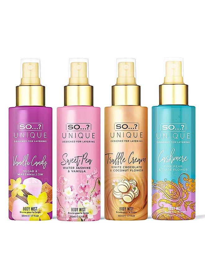 So..? Unique Mini Mist Womens Gift Set With Vanilla Candy, Sweet Pea, Truffle Cream, & Cashmere, Body Mist Fragrance Spray Set (4 X 50Ml). image 4