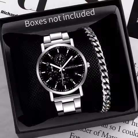 2PCS Men's Watch Casual Silver Alloy Band Male Quartz Watches Bracelet Set（Without Box） image 1