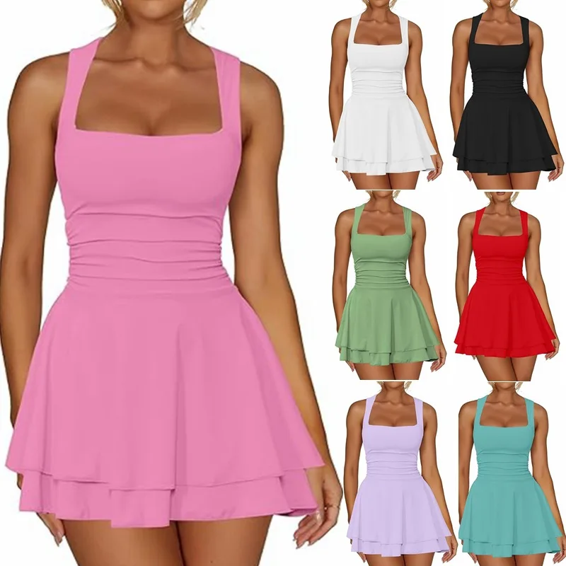 8Color Solid Color Square Neck Mini Dress Double Layer Hem Design Dresses Women's Popular Style Sleeveless One Shoulder Dress