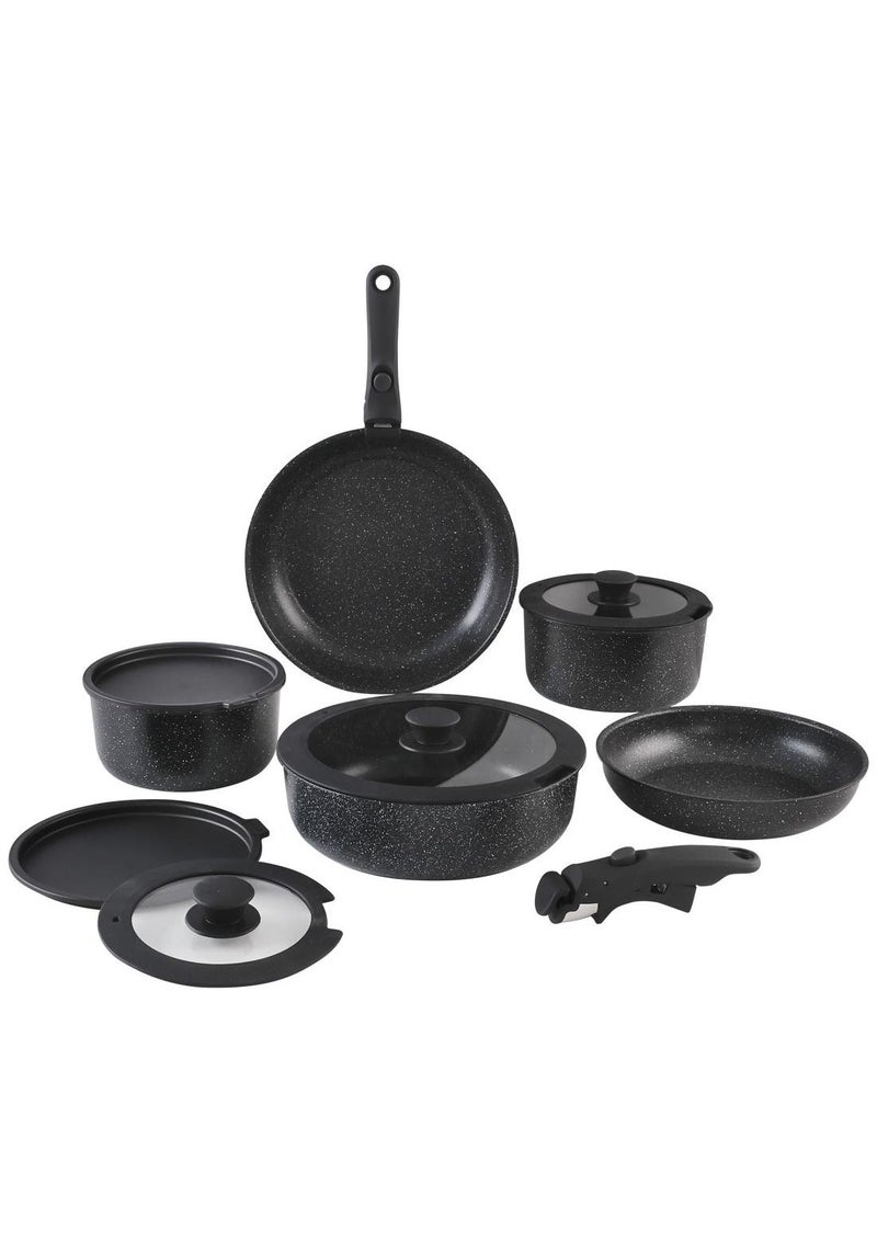 12 Piece Detachable Granite Cookware Set, Non-Stick, 1x24cm Frypan, 1x28cm Frypan, 1x18cm Saucepan with Tempered Glass Lid, 1x20cm Saucepan with Tempe